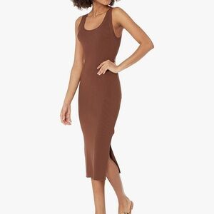Scoop Neck Brown Ribbed Midi Dress with Side Slit